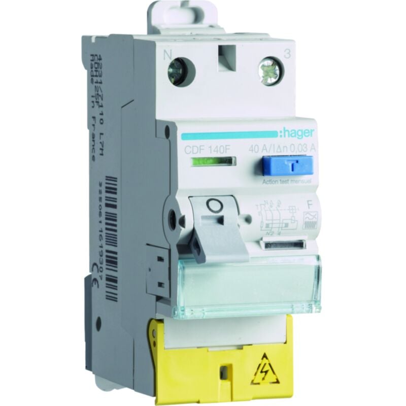 Interrupteur différentiel 1P+N 40A 30mA type f Bornes décalées Hager CDF140F