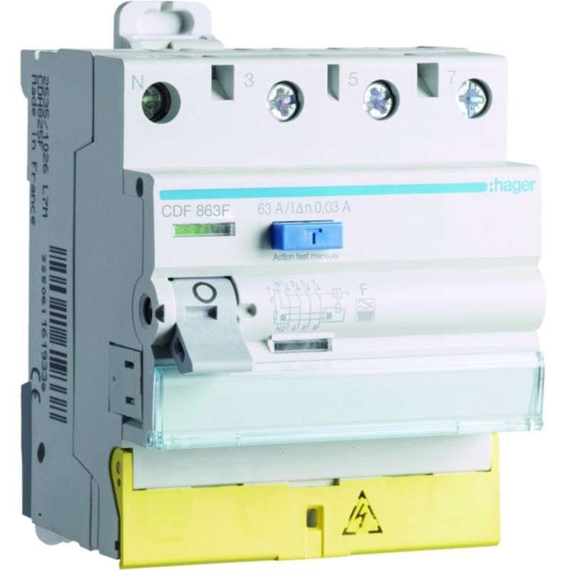 Hager - Interrupteur différentiel 3P+N 63A 30mA type f Bornes décalées CDF863F