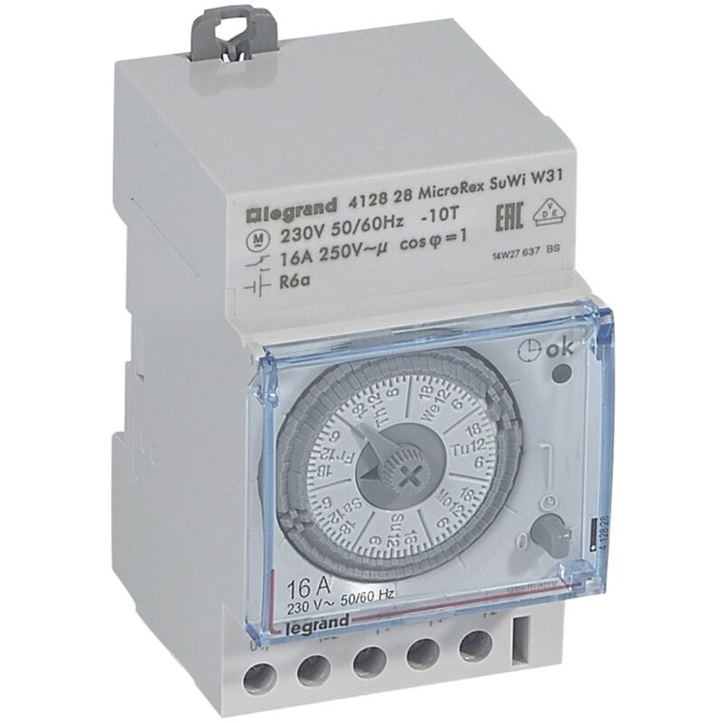 Interrupteur horaire analogique modulaire programmable automatique hebdomadaire 1 sortie 16A 250V 3 modules Legrand 412828