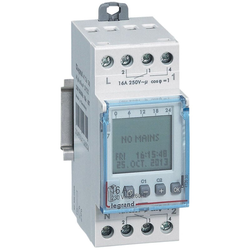 Interrupteur horaire digital modulaire programmable annuel 2 sorties 16A 250V alimentation 230V Legrand 412630