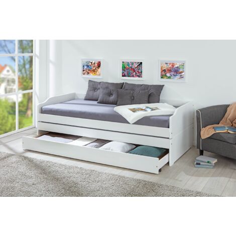 Inter Link - Letto a scomparsa - Letto con contenitore - Letto a cassetti - Letto trasformabile - 3 letti 90 x 200 cm - Legno massiccio - 2 reti a doghe incluse - Senza materasso - Laccato bianco - Lo