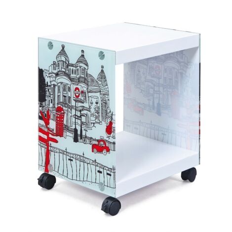 Inter Link - Tavolino - Comodino - Tavolino - Su rotelle - London Cube - Vetro e MDF - Moderno e pratico - Laccato bianco - 38 x 33,5 x 46 cm