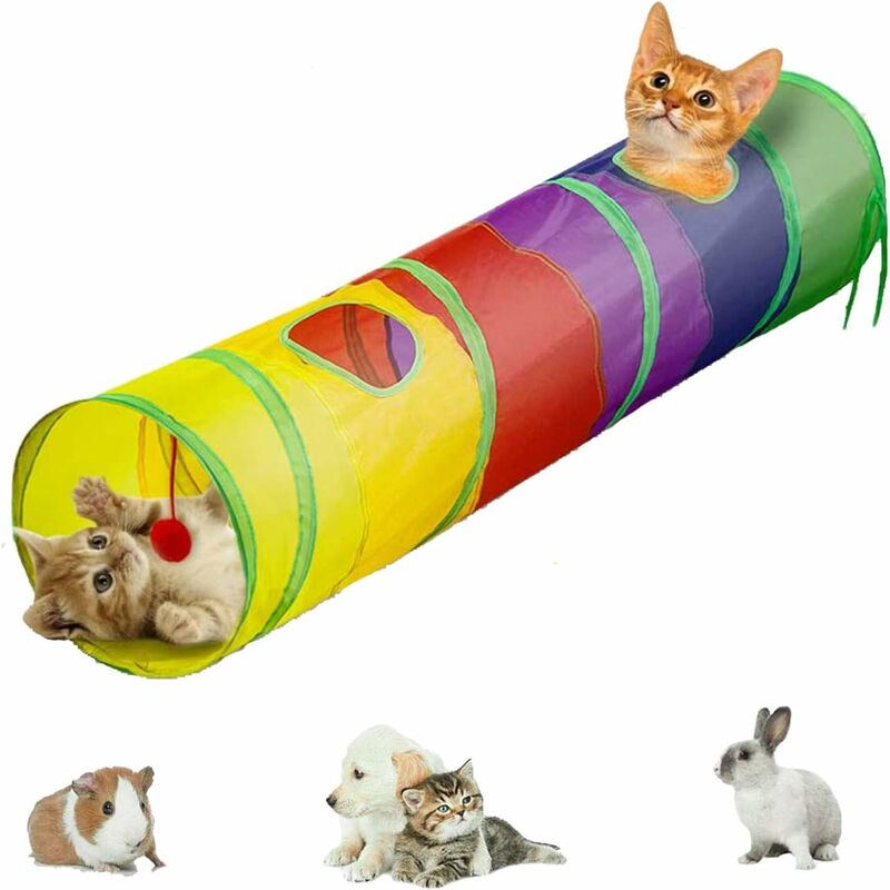 interactive, foldable and lightweight 5-tunnel maze in crumpled fabric with pompom and bells for cats, little rabbits, kittens, puppies, ferrets or