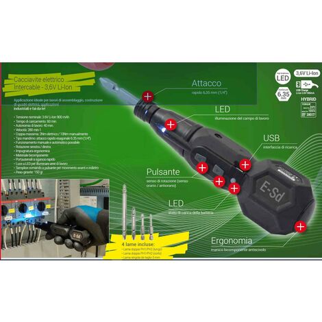Intercable cacciavite elettrico per assemblaggio quadri elettrici 3,6v li-ion e-sd