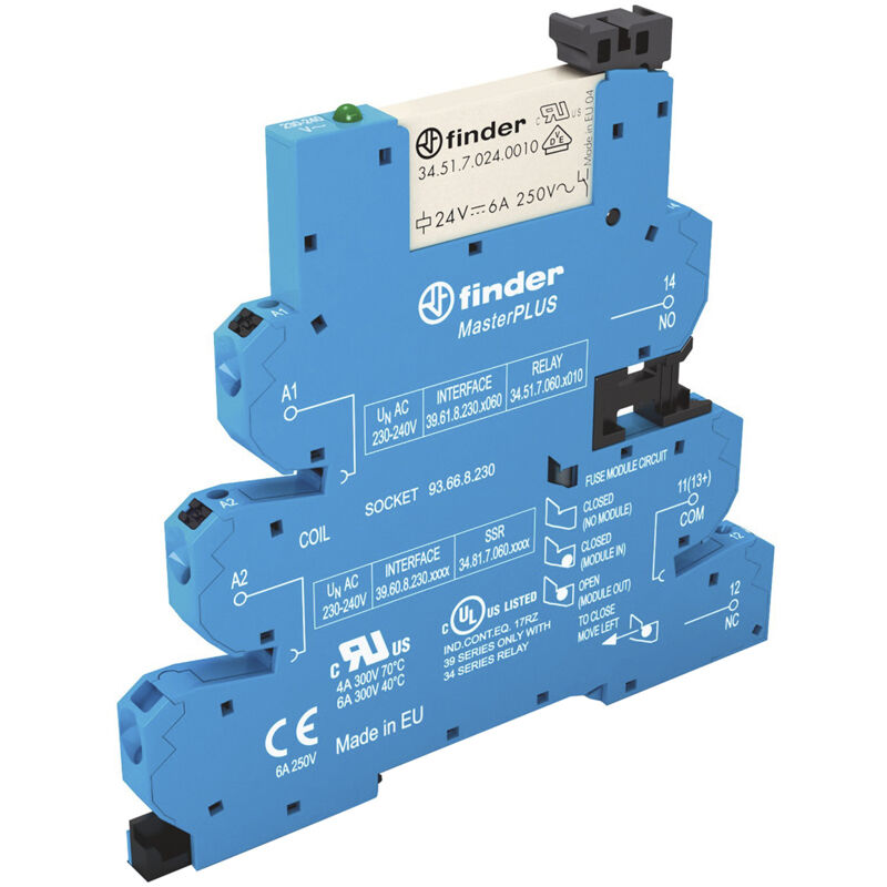 Relais d'interface Finder 39 Series, 240V c.a. / v c.c., 1 rt, montage Rail din ( Prix pour 1 )