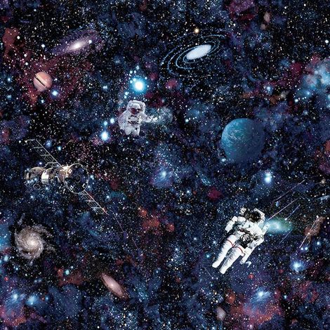 main image of "Intergalactic Stars Pattern Children's Wallpaper Space Planets Astronaut Holden"