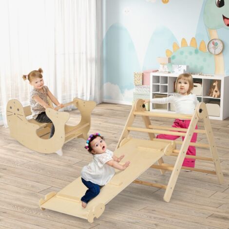 Intérieur 7 en 1 Bois Pliable Rampe Réversible Chaise à Bascule et Table de Jeu CW83497