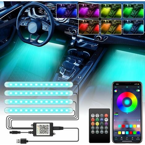 Interior de coche LED, 4 piezas, 7 colores, luces interiores RGB para puerto USB automático, iluminación impermeable de 5 V, aplicación de música colorida controlable, accesorio de decoración interior