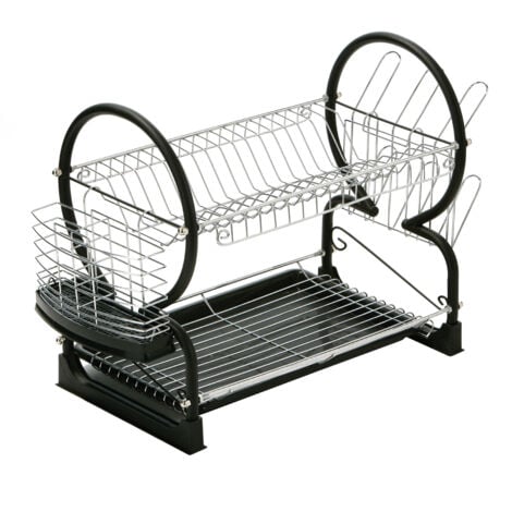 Interiors by Premier Black 2 Tier Dish Drainer, Modern Chrome and Black Dish Drainer, Stylish Dish Drainer with Drip Tray