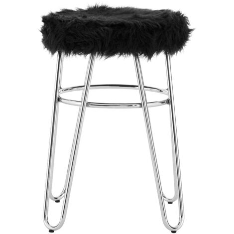 Interiors by Premier Chrome Metal and Black Faux Fur Stool, Small Hairpin Round Stool, Plush Fur Stool for Lounge, Bedroom