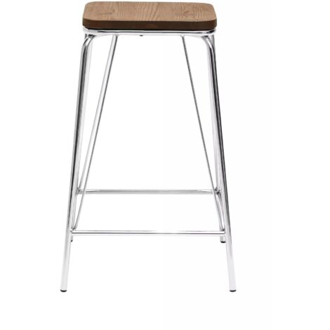 Interiors by Premier Chrome Metal and Elm Wood Stool, Large Square Stool, Accent Wooden Bar Stool for Home Bar