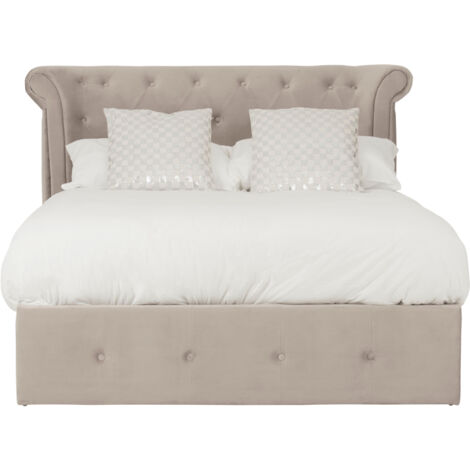 Interiors By Premier Contemporary Mink Double Ottoman Bed, Elegant Winged Headboard Bedroom Bed, Ottoman Stud Detailed Bed