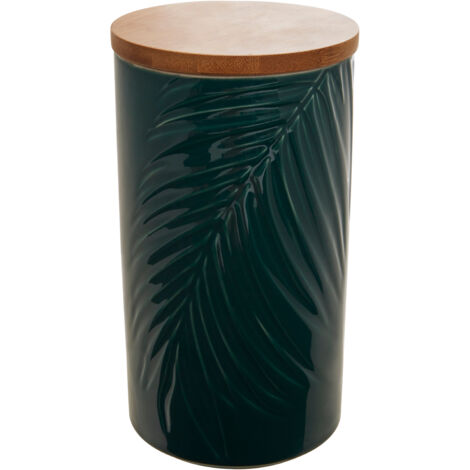 Interiors By Premier Dark Green Large Storage Jar With Bamboo Lid,Jar With Embossed Tropical Leaf Design,Spice Storage Canister