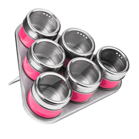 Interiors By Premier Durable Hot Pink Magnetic Spice Jars With Triangular Tray, Stylish Oblong Tray, Clear Plastic Lid Tray