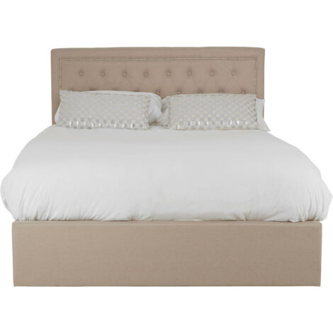 Interiors By Premier Elegant Beige Velvet Double Ottoman Bed, Classic Button Tufted Bedroom Bed, Ottoman Stud Detailed Bed