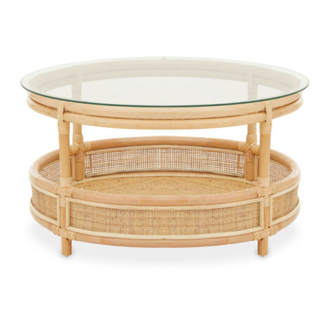 Interiors by Premier Elegant Rattan Coffee Table With Glass Top, Round Cane Furniture, Sturdy Outdoor Table, Stable Coffee Table