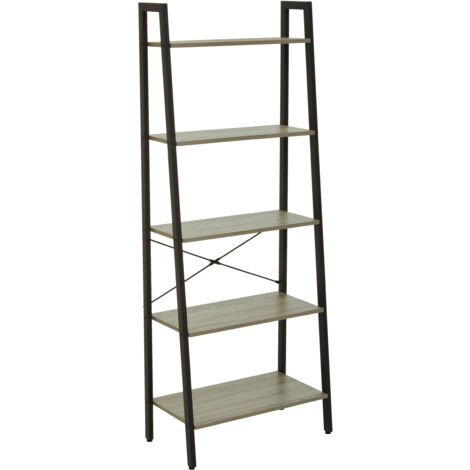 Interiors by Premier Five Tier Grey Oak Veneer Ladder Shelf Unit, Functional Industrial Narrow Shelf, Stylish Tall Cupboard