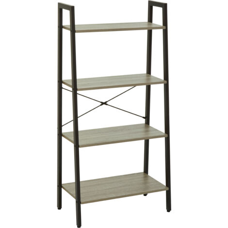 Interiors by Premier Four Tier Grey Oak Veneer Ladder Shelf Unit, Functional Industrial Narrow Shelf, Stylish Tall Cupboard