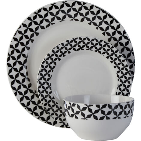 Interiors By Premier Geometric 12 Piece Windmill Dinner Set,Porcelain Build Dinnerware Set,Glazed Finish Dishes Set For Daily Use