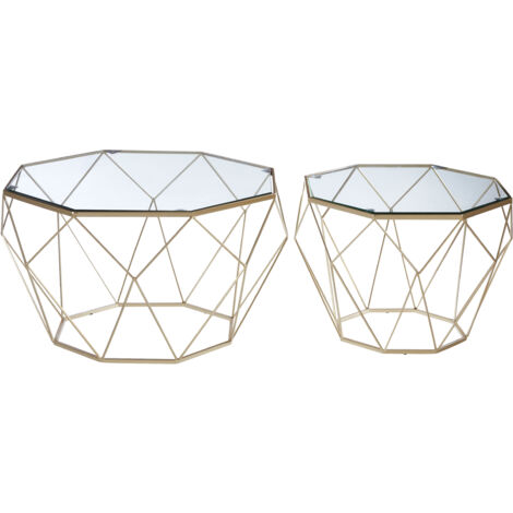 Interiors By Premier Geometric Set Of 2 Clear Glass Tables, Iron Frame Side Table By Couch, Champagne Finish Lounge Table