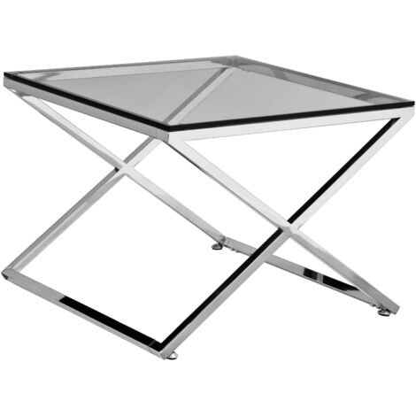 Interiors by Premier Glass Side Table with Metal Criss Cross Design, Glass Top SIde Table, Silver Side End Table For Living Room
