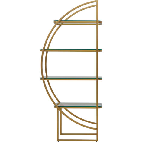 Interiors by Premier Left Half Moon Shelf Unit, Modern Retro Gold Shelf Unit, Four Sleek Glass Shelves, Art Deco Gold Shelves
