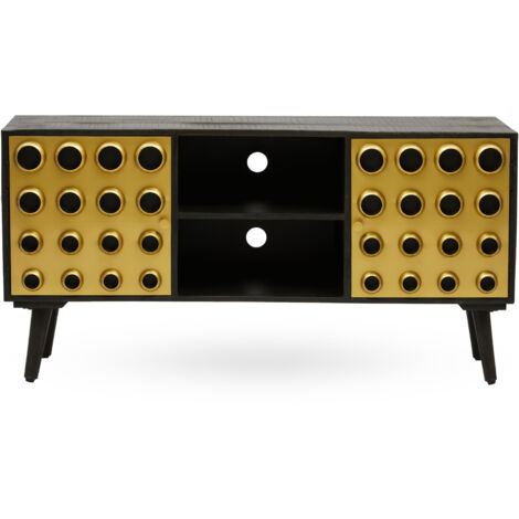 Interiors by Premier Mango Wood Media Unit, Mid-Century Modern TV Stand with Gold Accents, Black Frame with Storage Shelves