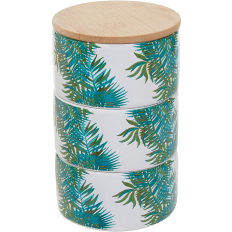 Interiors By Premier Palm Set of Three Stackable Canisters,Stoneware Containers With Palm Leaf Pattern,Canisters With Bamboo Lids