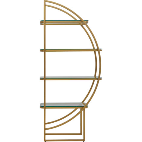 Interiors by Premier Right Half Moon Shelf Unit, Modern Retro Gold Shelf Unit, Four Sleek Glass Shelves, Art Deco Gold Shelves