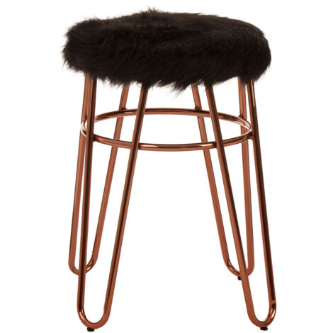 Interiors by Premier Rose Gold Metal and Black Faux Fur Bar Stool, Hairpin Round Stool, Plush Fur Stool for Kitchen Counter, Bar