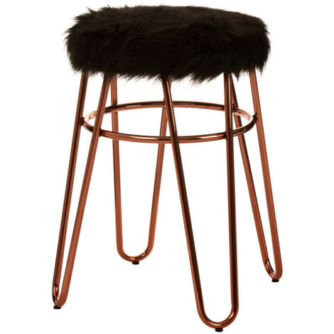 Interiors by Premier Rose Gold Metal and Black Faux Fur Stool, Small Hairpin Round Stool, Plush Fur Stool for Lounge, Bedroom