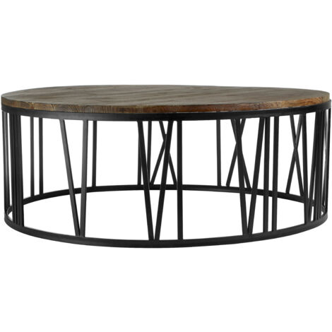 Interiors by Premier Round Coffee Table, Industrial Chic Farmhouse Coffee table, Solid Wood Coffee Table, Black Metal Coffee Table
