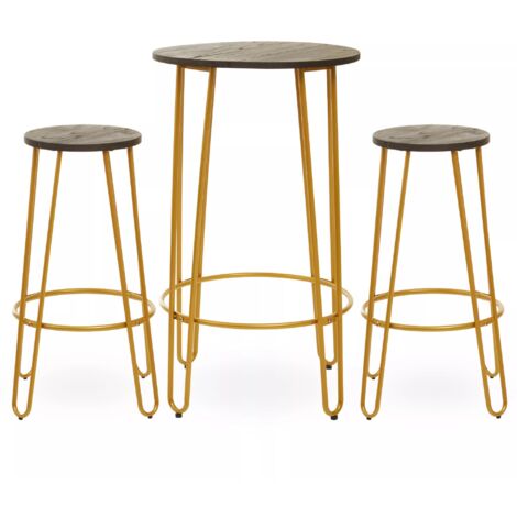 Interiors by Premier Set of 3 Gold Frame Bar Table Stool Set , Hairpin Stool for Kitchen Counter, Elm Wood Metal Frame Stool