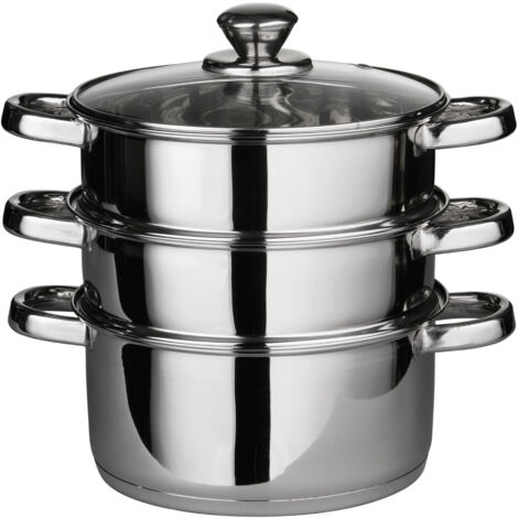 Interiors by Premier Stainless Steel Steamer, 3-Tier Rice Steamer with Glass Lid, 6 Handles for Easy Handling, Best Rice Steamer