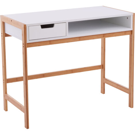 Interiors by Premier White One Drawer Desk, Computer Desk with Natural Wood Legs, Study Table Bedside Desk for Home, Office
