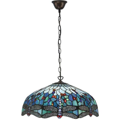 Interiors Dragonfly Blue - Grand plafond suspendu à 3 ampoules, bronze, bleu, verre tiffany libellule, E27
