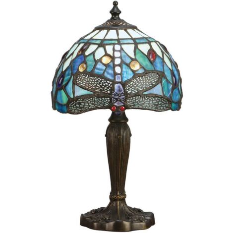 Interiors Dragonfly Blue - Lampada da tavolo a 1 luce bronzo scuro, blu, vetro stile Tiffany, E14