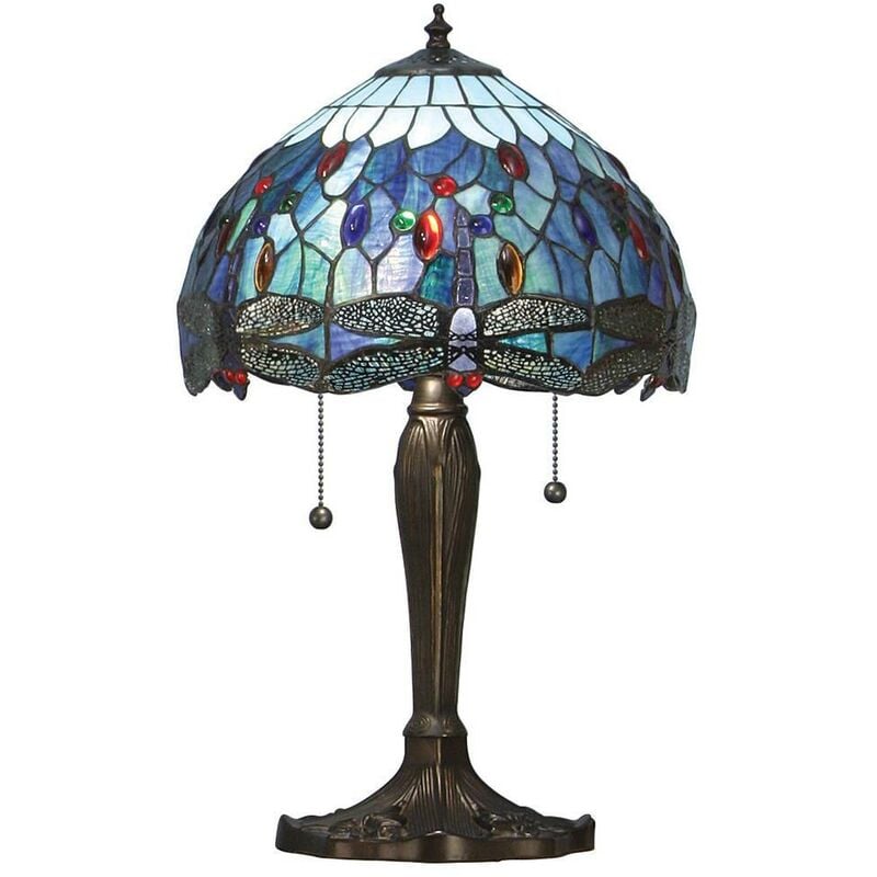 Image of Interiors Dragonfly Blue - Lampada da tavolo piccola a 2 luci bronzo scuro, blu, vetro stile Tiffany, E27