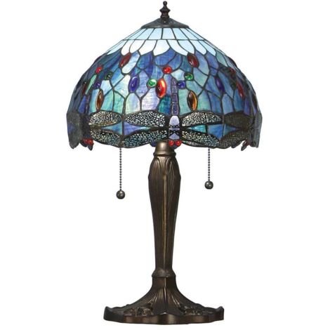 Interiors Dragonfly Blue - Lampada da tavolo piccola a 2 luci bronzo scuro, blu, vetro stile Tiffany, E27