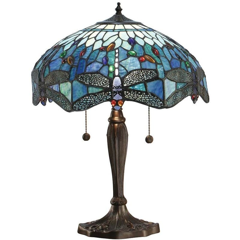Interiors 1900 - Interiors Dragonfly Blue - Lampe de table moyenne à 2 lumières, bronze foncé, bleu, verre de style Tiffany, E27