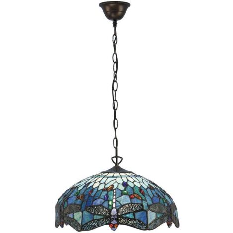 Interiors Dragonfly Blue - Luminaire suspendu moyen à 3 ampoules, bronze, bleu, verre tiffany libellule, E27