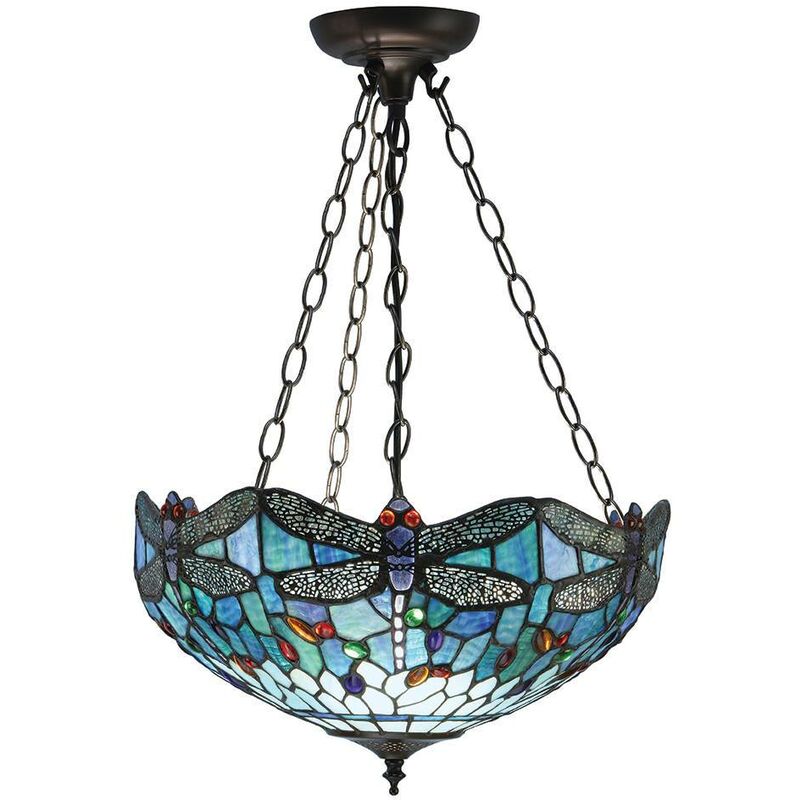 Interiors 1900 - Interiors Dragonfly Blue - Plafonnier inversé moyen à 3 ampoules, bronze, bleu, verre tiffany libellule, E27