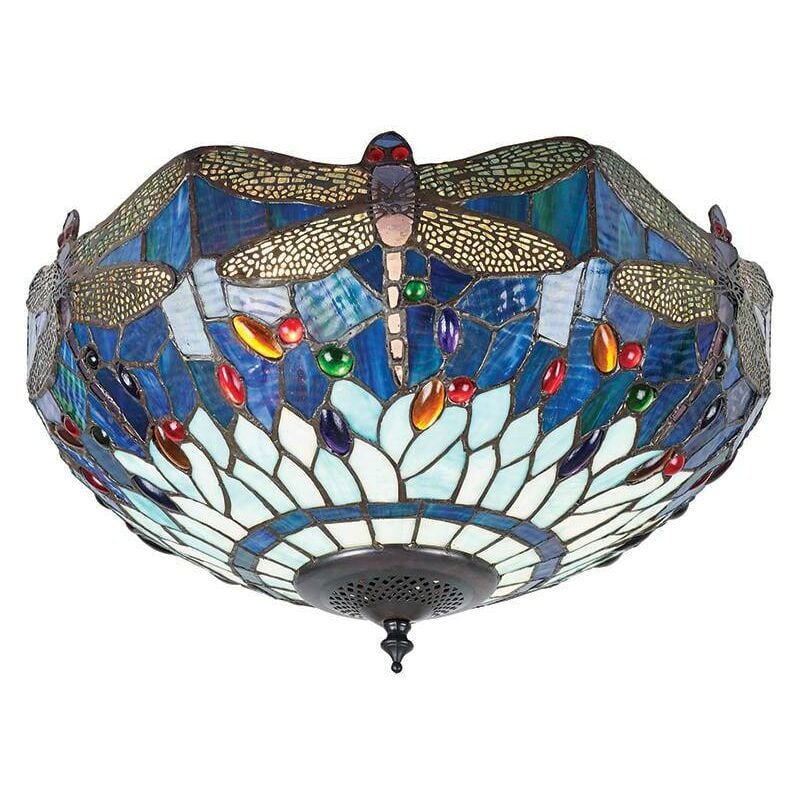 Interiors 1900 - Interiors Dragonfly Blue - Plafonnier moyen à 2 ampoules, bronze foncé, bleu, verre de style Tiffany, E27