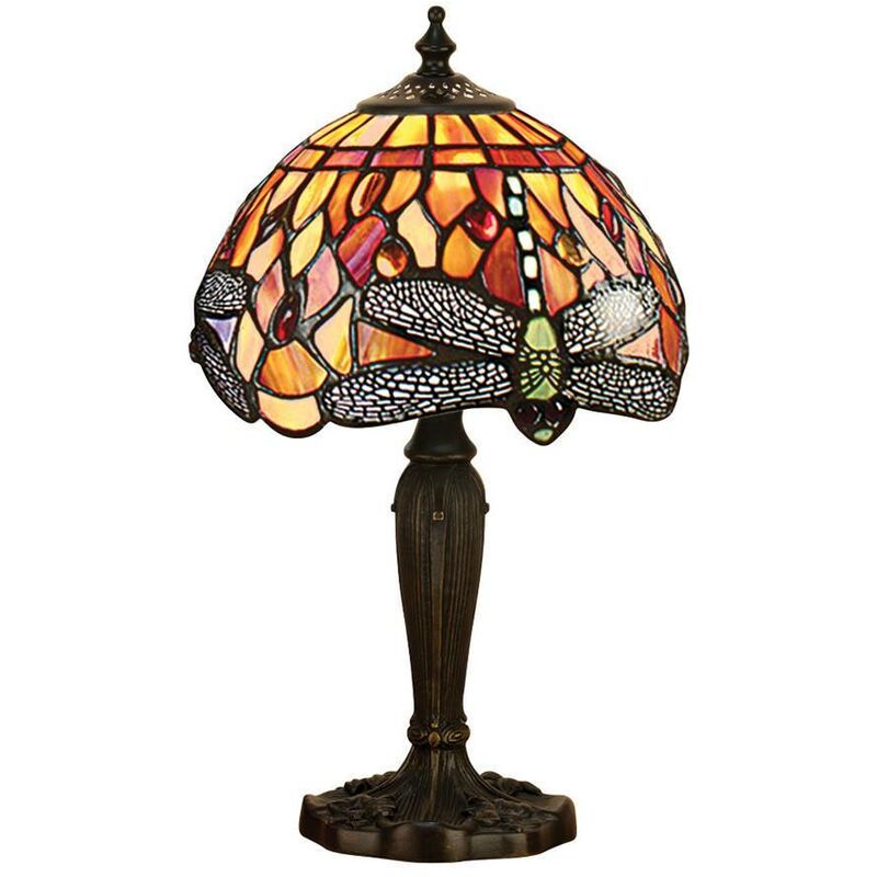 Image of Interiors Dragonfly Flame - Lampada da tavolo 1 luce bronzo scuro, rosso, vetro stile Tiffany, E14