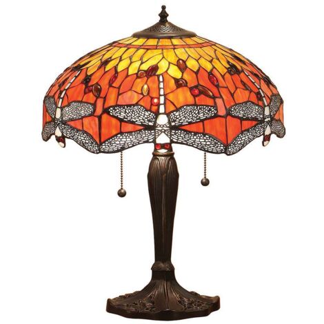 Interiors Dragonfly Flame - Lampe de table moyenne à 2 lumières, bronze foncé, jaune, verre de style Tiffany, E27