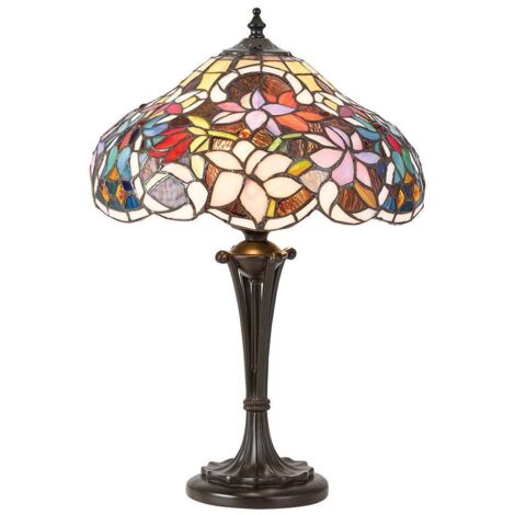 Interiors Sullivan - Lampada da tavolo piccola a 2 luci bronzo scuro, vetro Tiffany, attacco E27