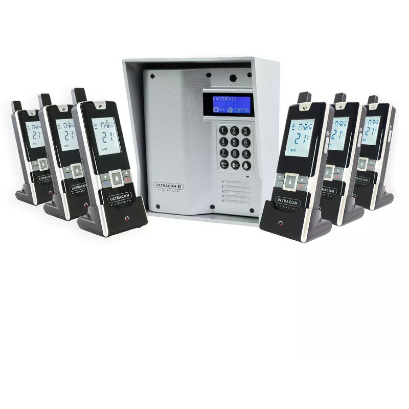 Ultra Secure - Interphone 600 mètres autonome sans-fil collectif / multipropriétés - UltraCOM3 argenté + visière argentée + 6 combinés