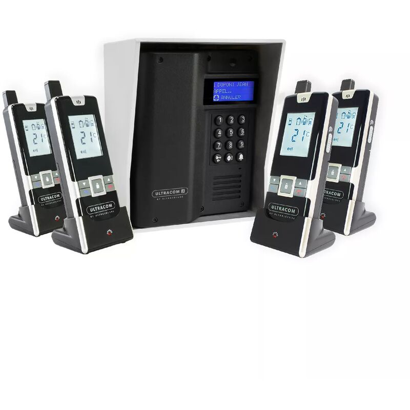 Ultra Secure - Interphone 600 mètres autonome sans-fil collectif / multipropriétés - UltraCOM3 noir + visière argentée + 4 combinés