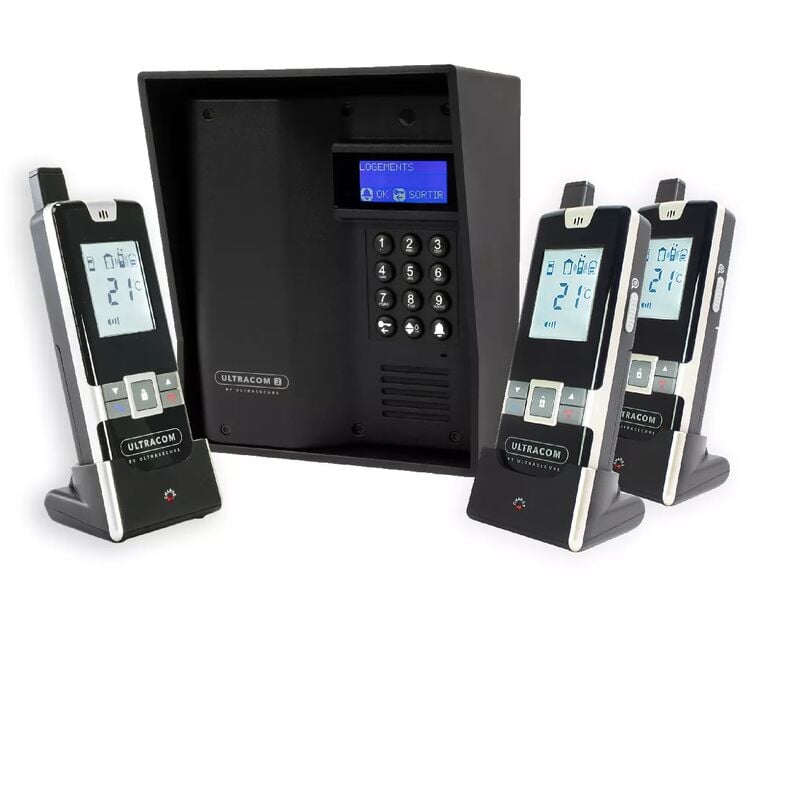 Ultra Secure - Interphone 600 mètres autonome sans-fil collectif / multipropriétés - UltraCOM3 noir + visière noire + 3 combinés