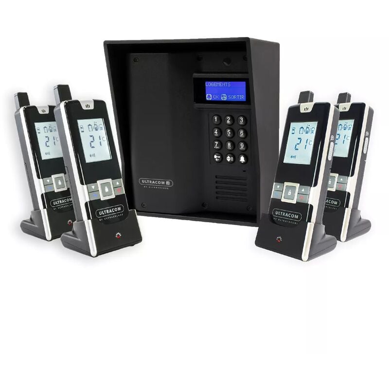 Ultra Secure - Interphone 600 mètres autonome sans-fil collectif / multipropriétés - UltraCOM3 noir + visière noire + 4 combinés